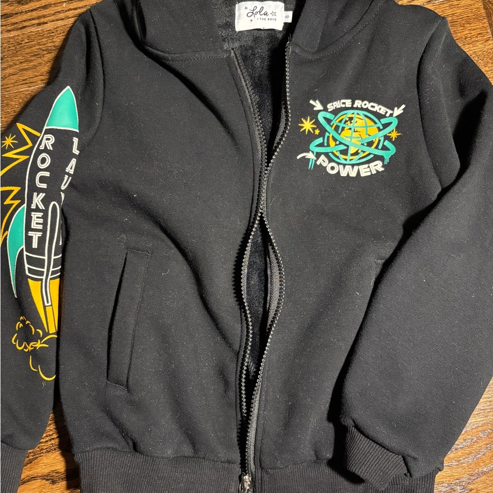 Lola & The Boys Black Space Rocket Kids Hoodie Size 8
